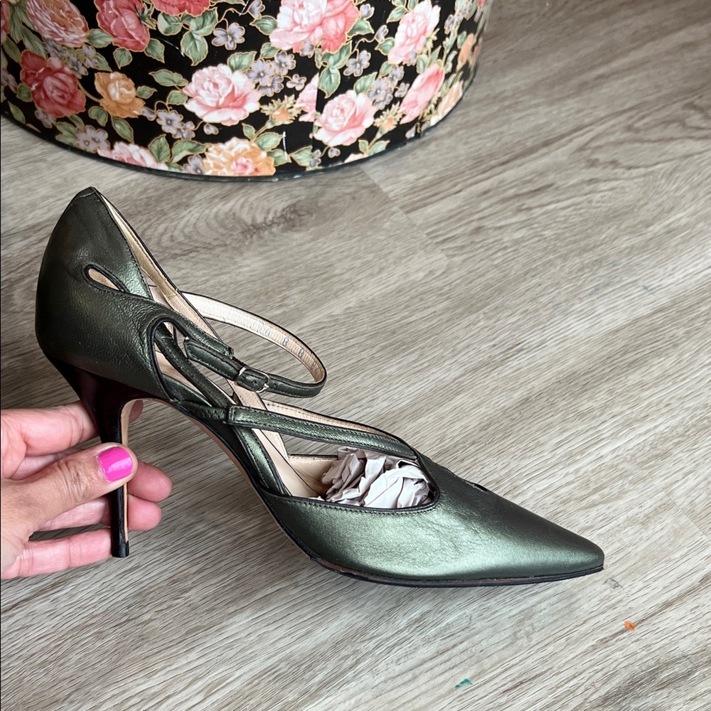 Cole Haan Collection Pointed Toe Strappy Pumps in Metallic Olive Green Leather - Picture 10 of 16
